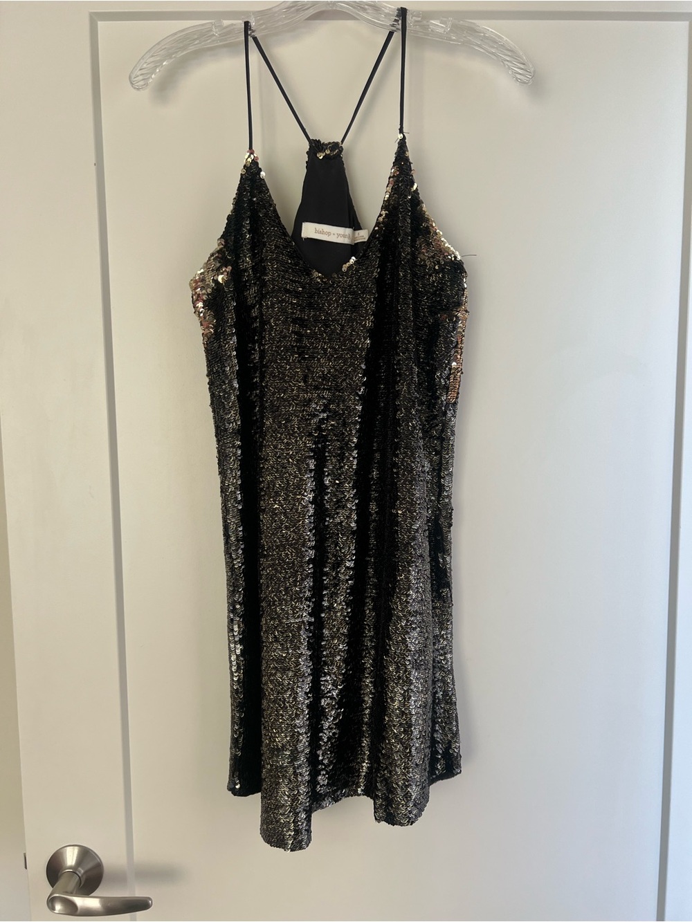 bishop + young Black Sequin Slip Dress with Gold Accents